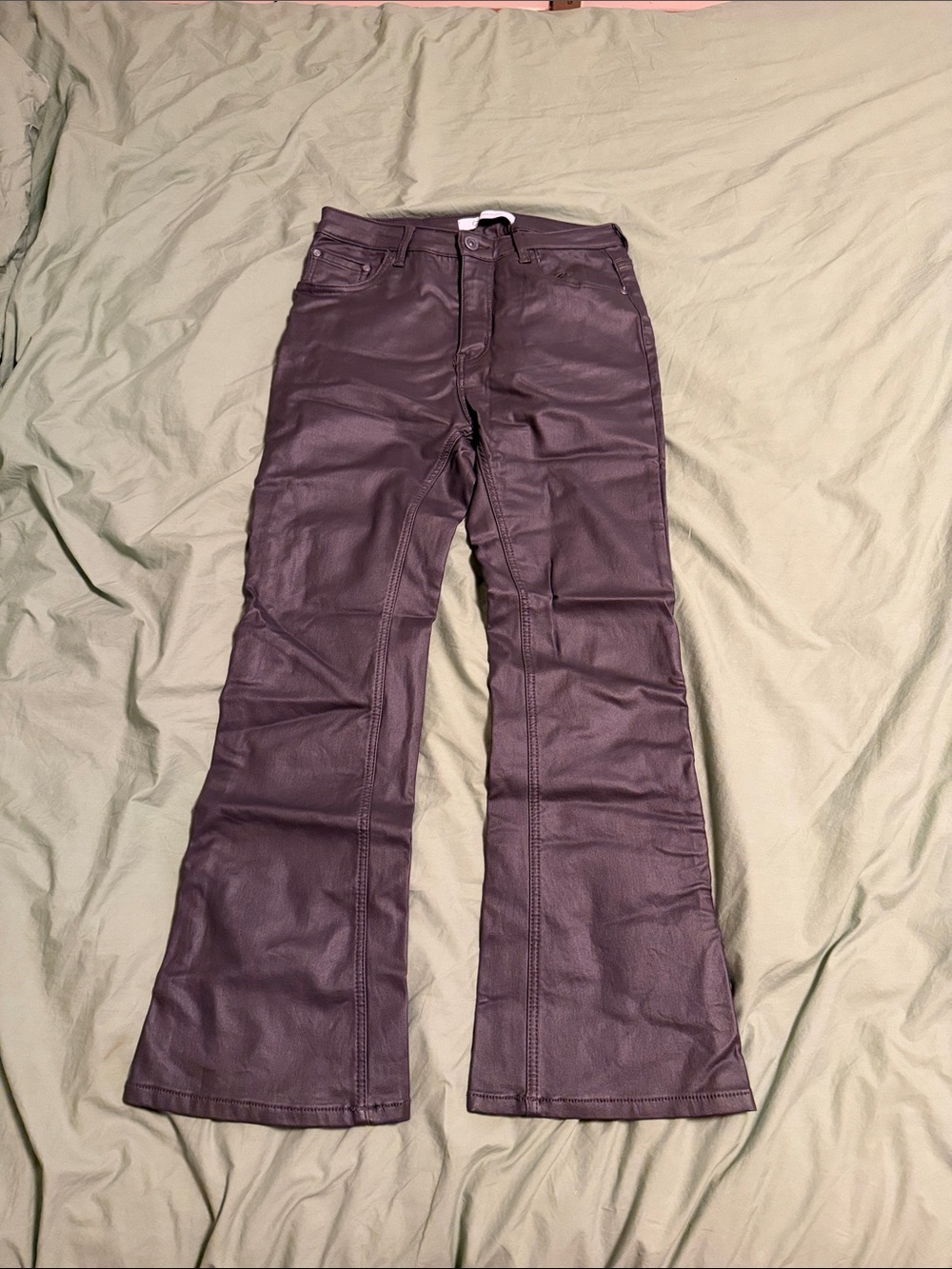 Womens Faux Leather Flared Stretch Pants in Grey
